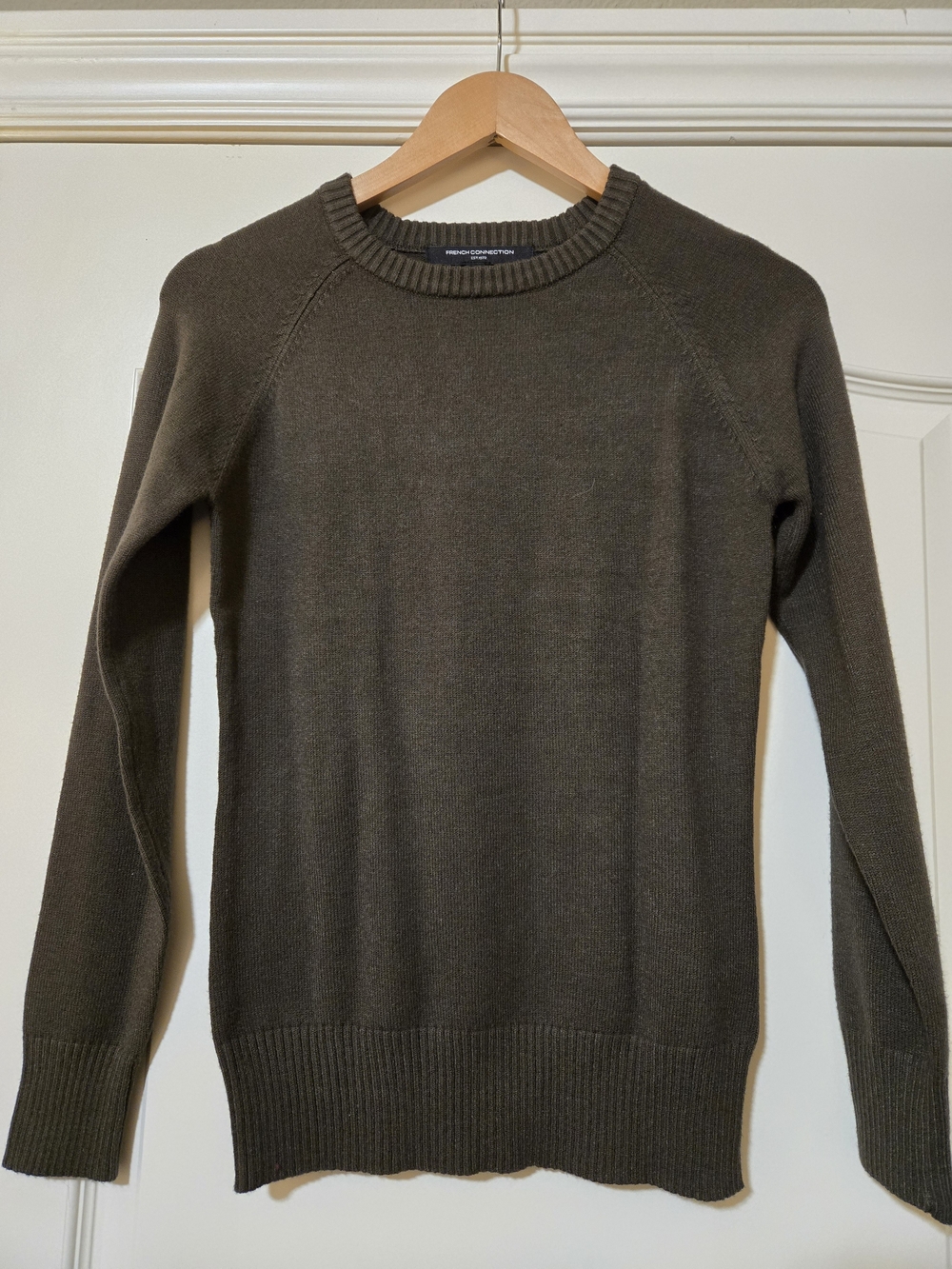 French Connection Dark Olive Scoop Crewneck Sweater Casual Fall Layering